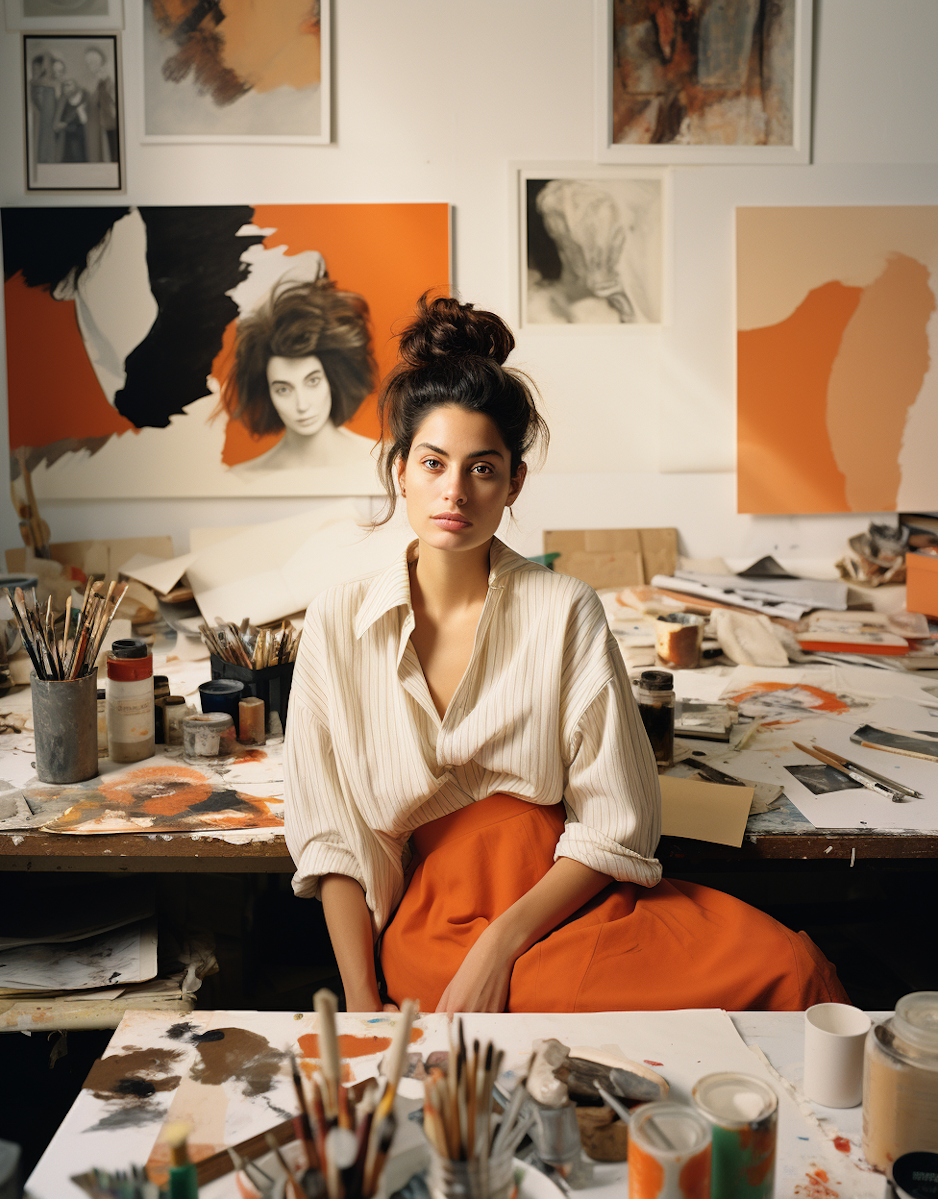 Creative director at work in a professional studio surrounded by artwork and photography
